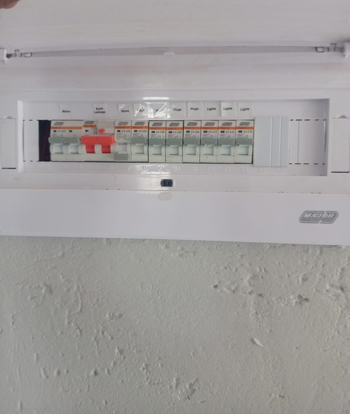 Major Tech 12-way consumer distribution board with earth leakage RCCB and labelled circuit breakers